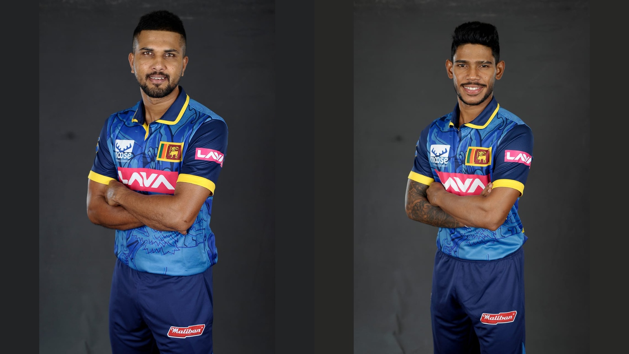 Sri Lanka national cricketers in the Lava-branded national jersey, studio portraits
